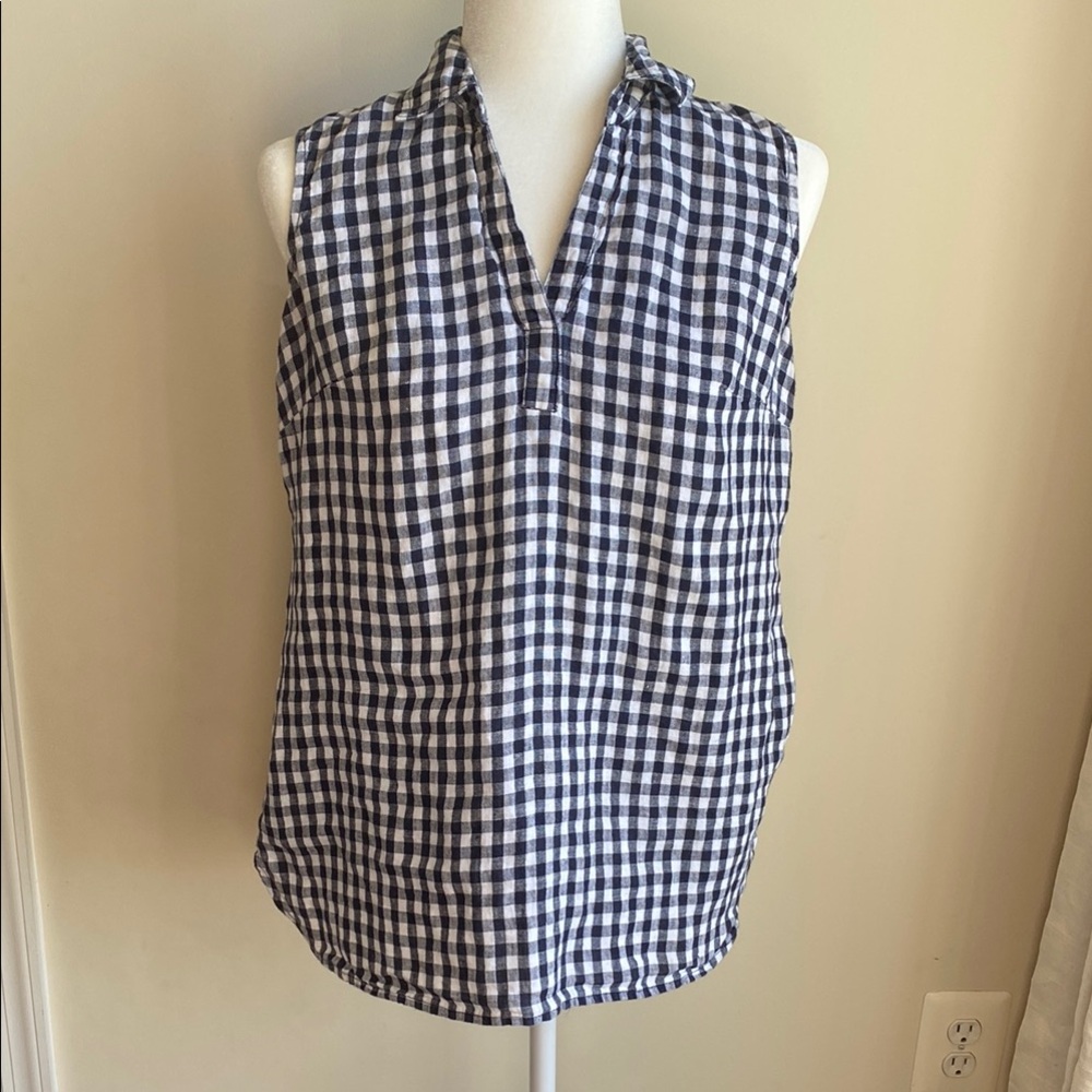 100% Linen Jones New York Sport Navy Gingham Checked Sleeveless Collared V-Neck